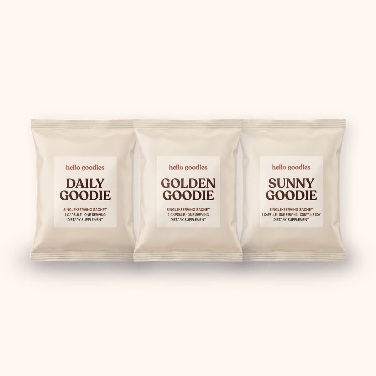 Hello Goodies travel pack, one single-serving sachet each of Daily Goodie, Golden Goodie and Sunny Goodie