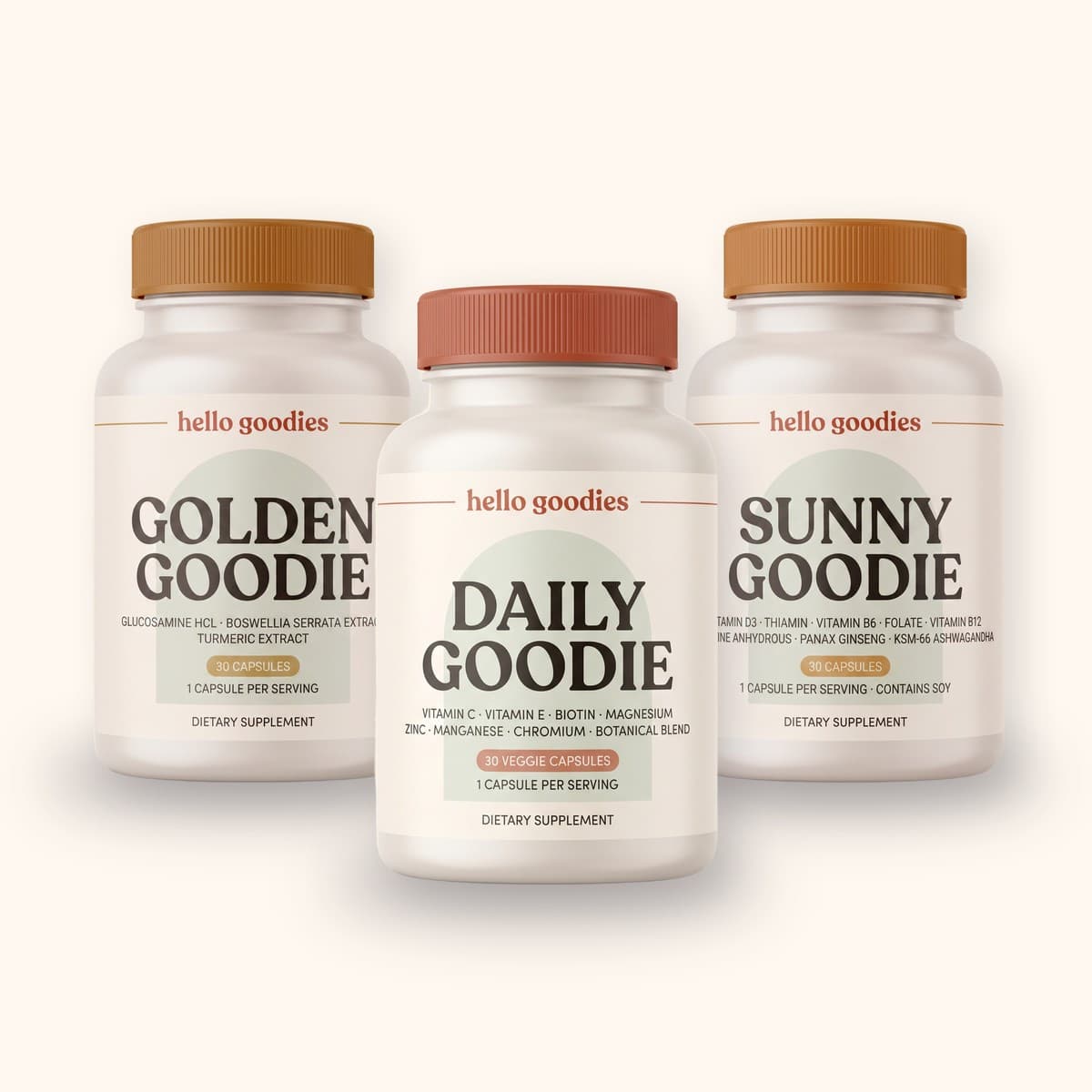 Hello Goodies three-bottle set, one bottle each of Daily Goodie, Golden Goodie and Sunny Goodie