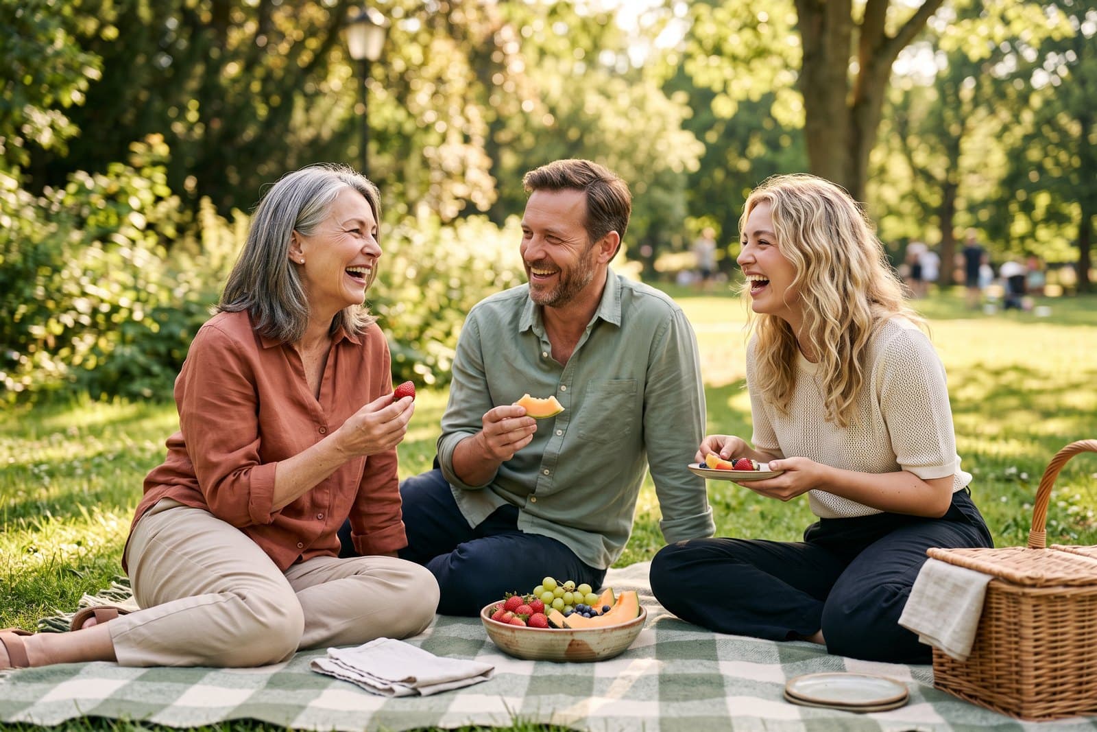 Three friends sharing fruit on a picnic blanket in a park