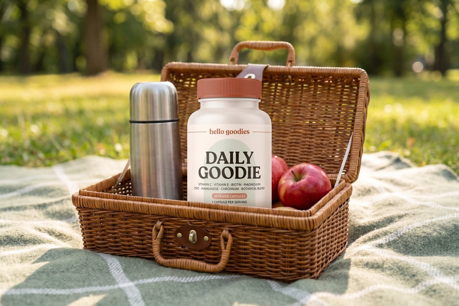 A Hello Goodies Daily Goodie bottle in a wicker picnic basket on a checked blanket