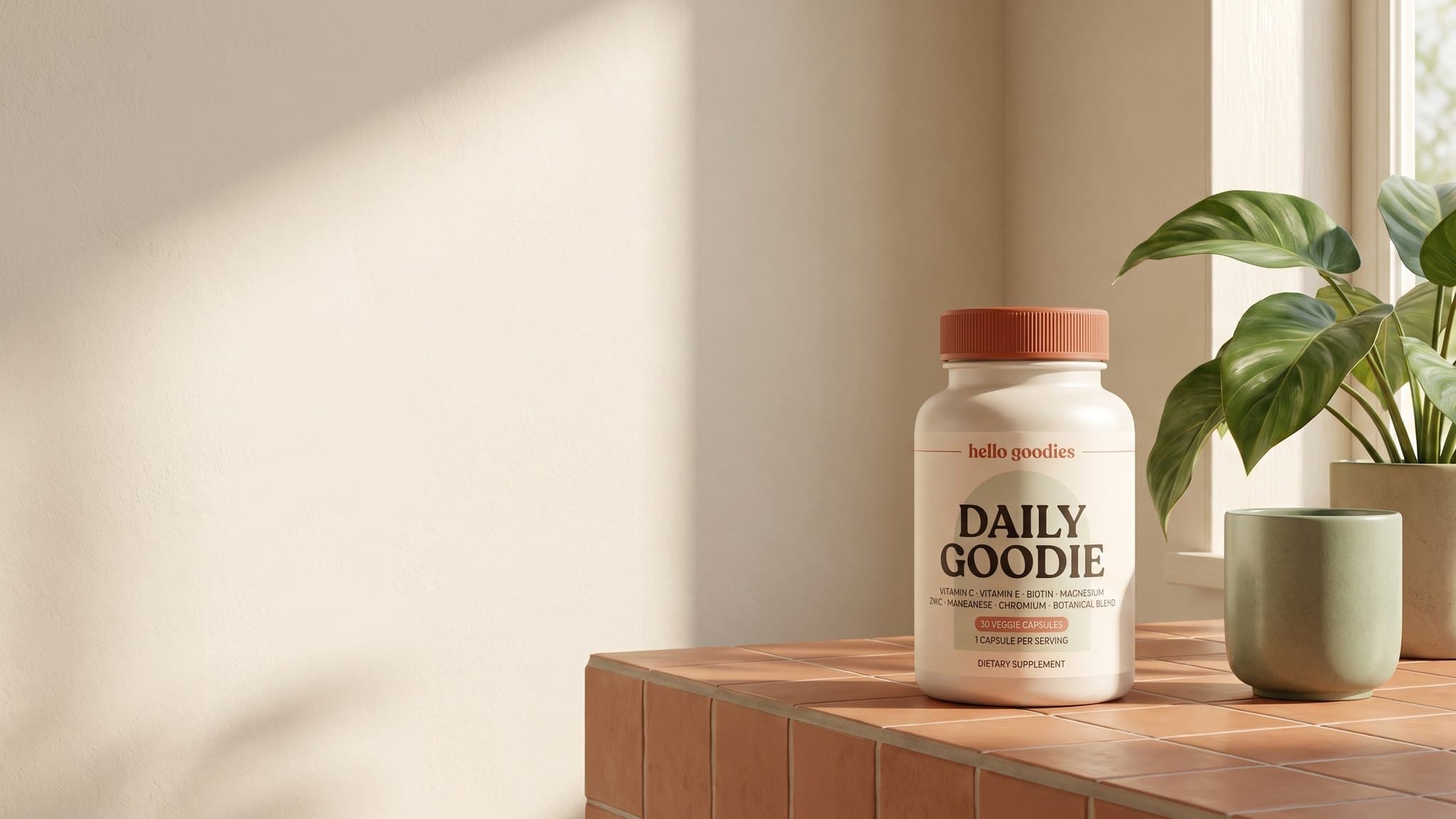 A Hello Goodies Daily Goodie bottle and a ceramic cup on a terracotta-tiled table by a window